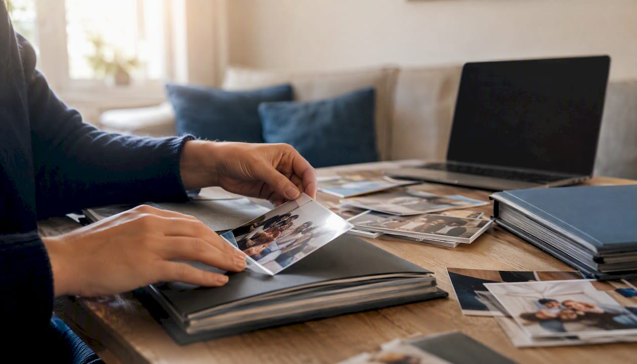 Hands slipping a photo into an album at home.