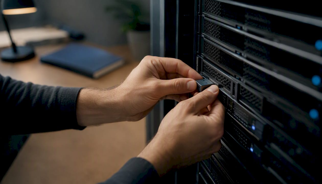 Des mains installent un dispositif de sécurité pour protéger la confidentialité d’un serveur.