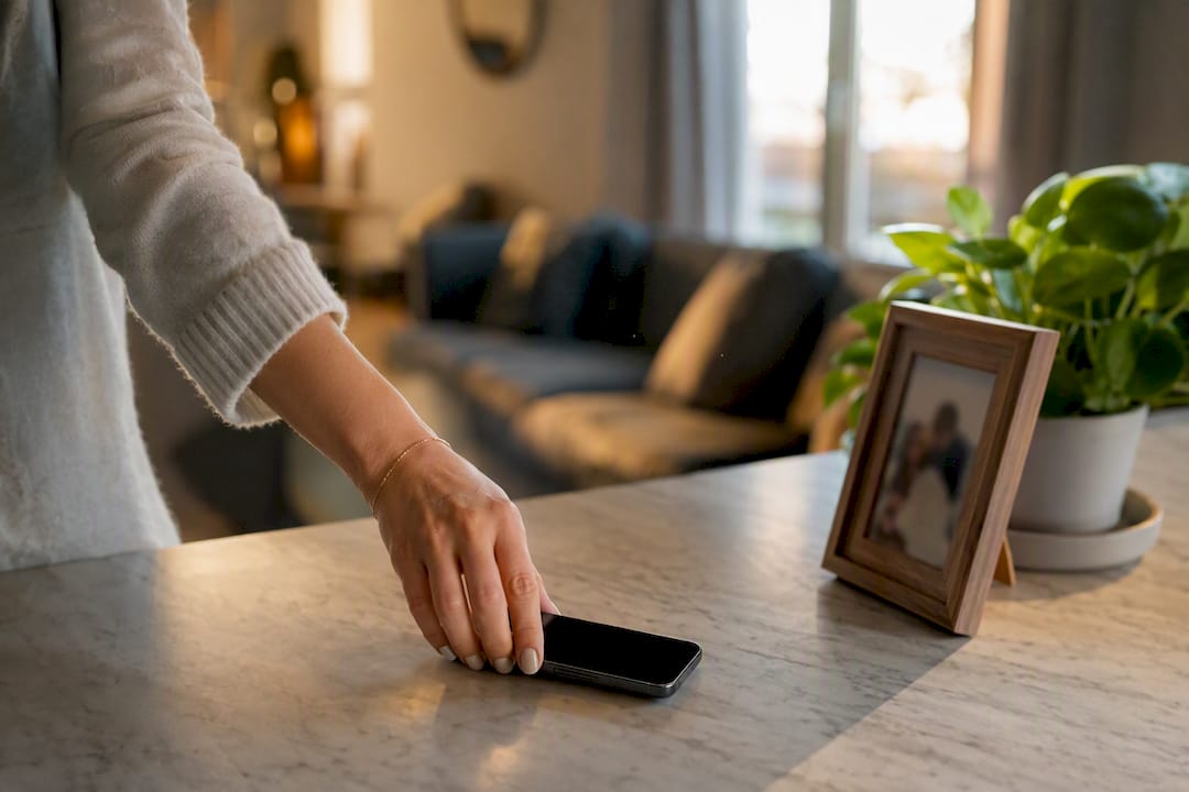 Main posant un smartphone sur la table du salon