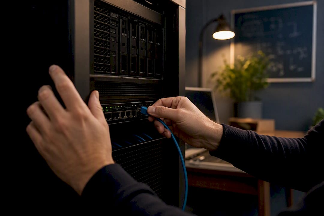 Hands connecting a network cable to a private server