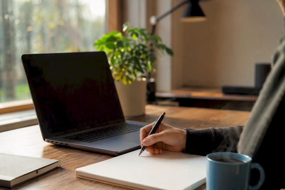 Workspace with a coffee and a blank laptop keyboard