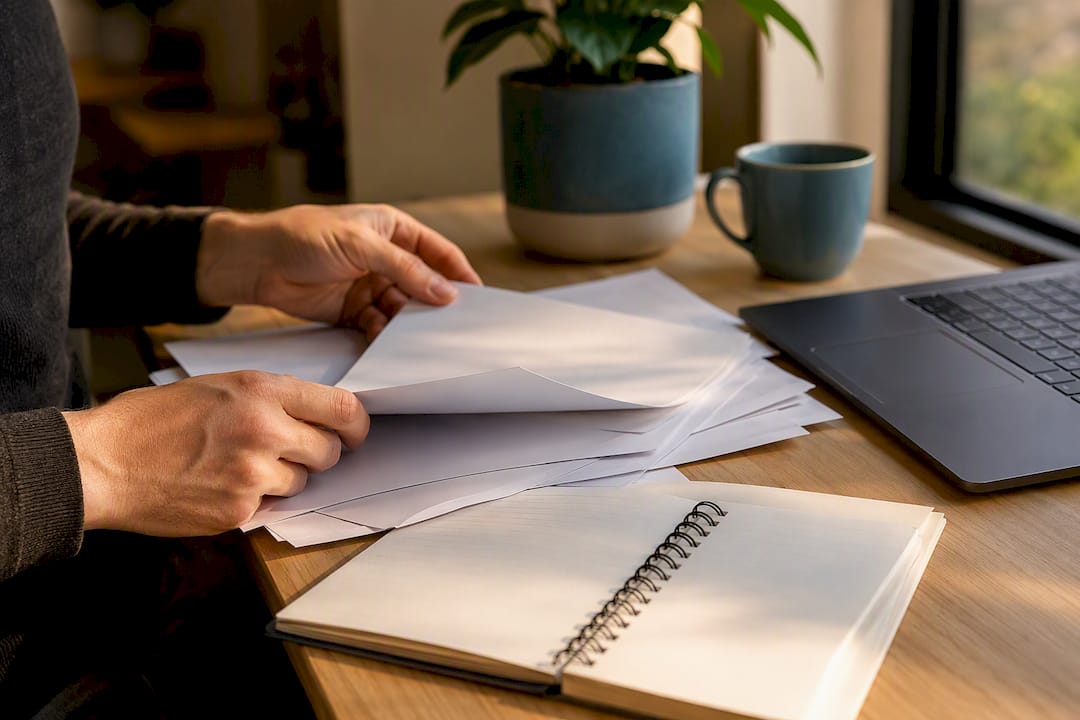 Des mains qui rangent des fichiers markdown sur un bureau