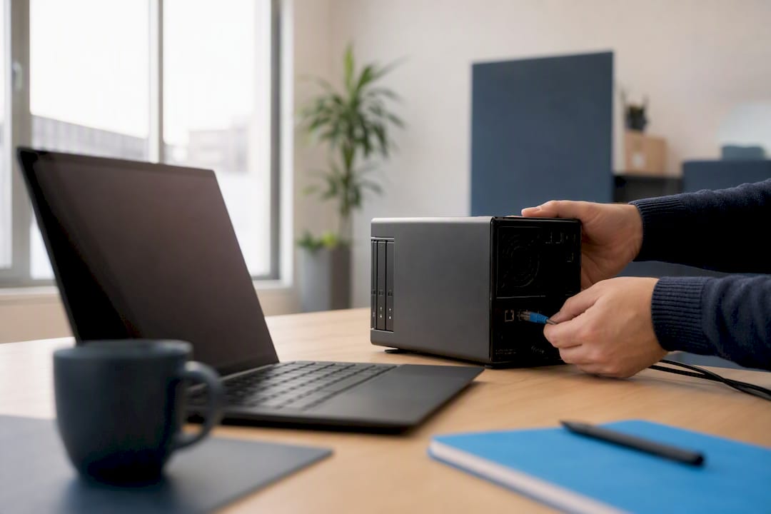Mains branchant un câble Ethernet au bureau
