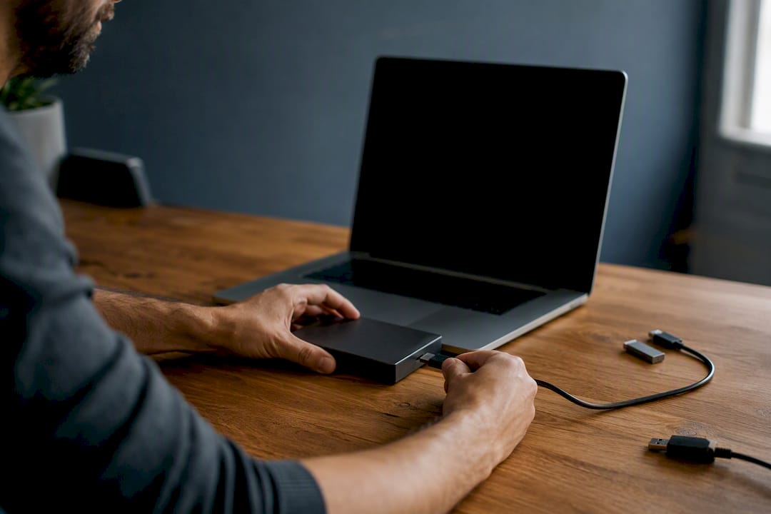 Hands copying photos to an external hard drive