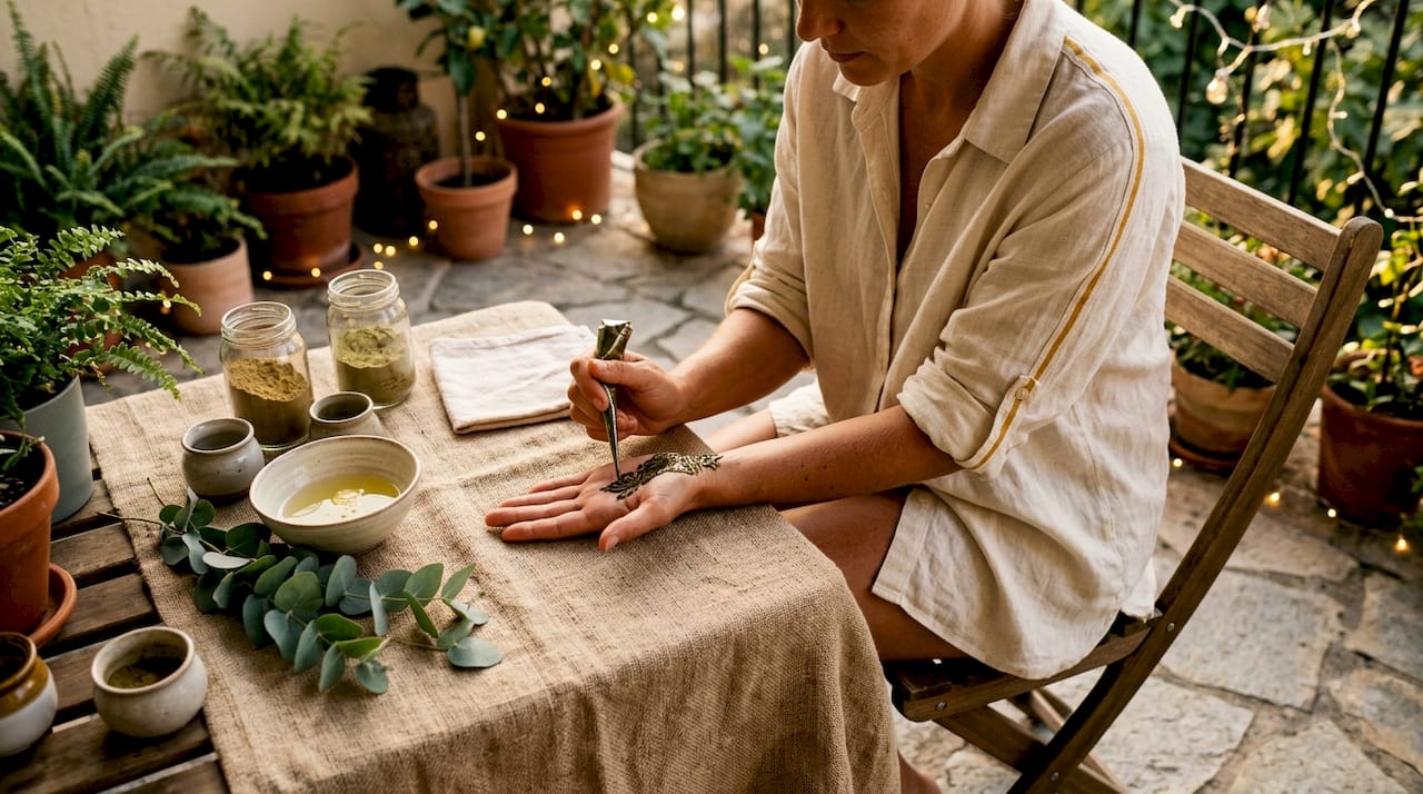 Hands applying henna paste on palm