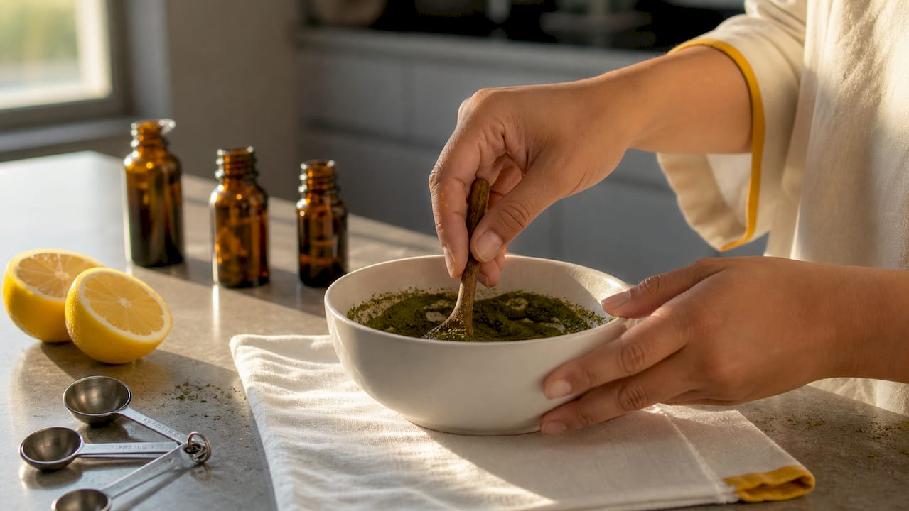 Overhead view of mixing henna paste ingredients