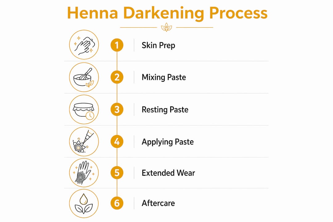Infographic showing henna stain darkening steps