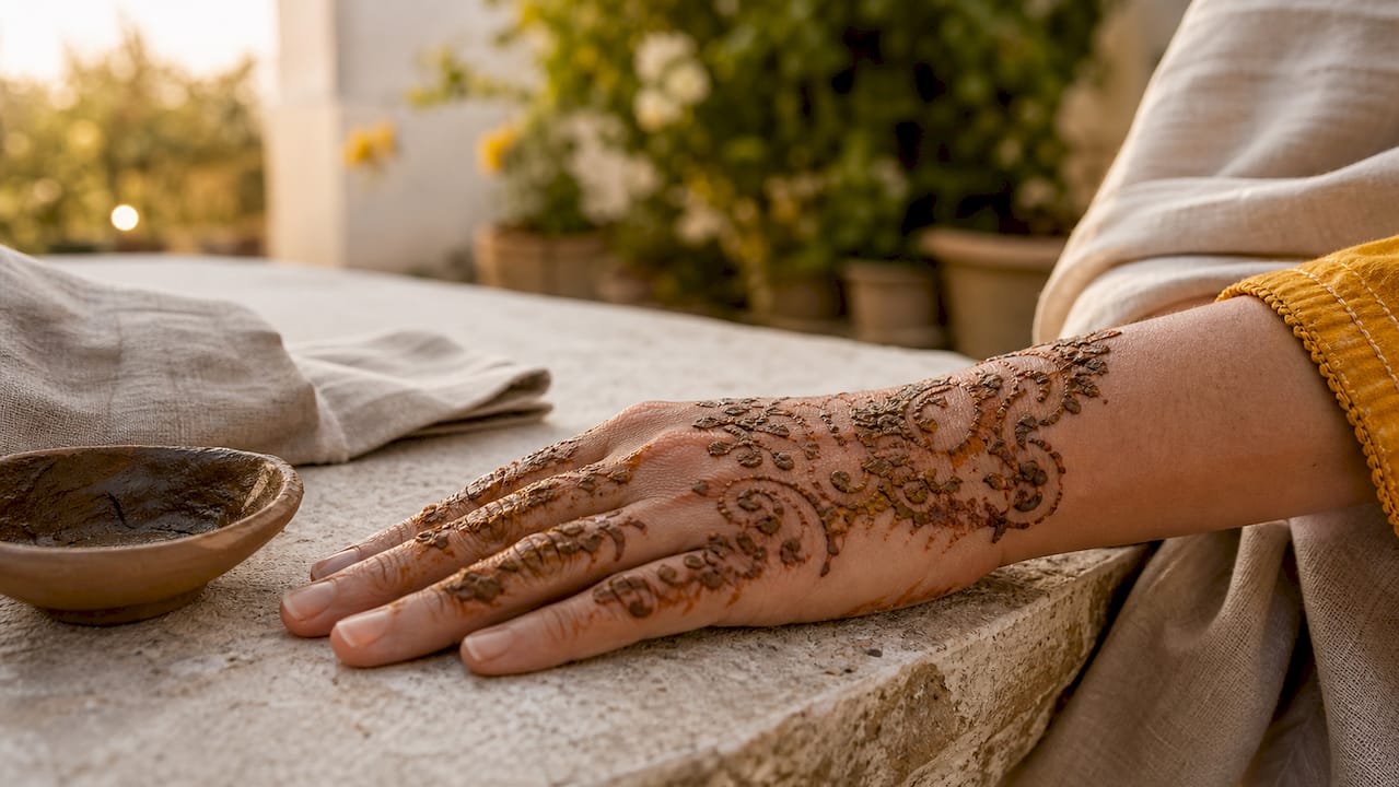 Close-up of drying henna paste on hand
