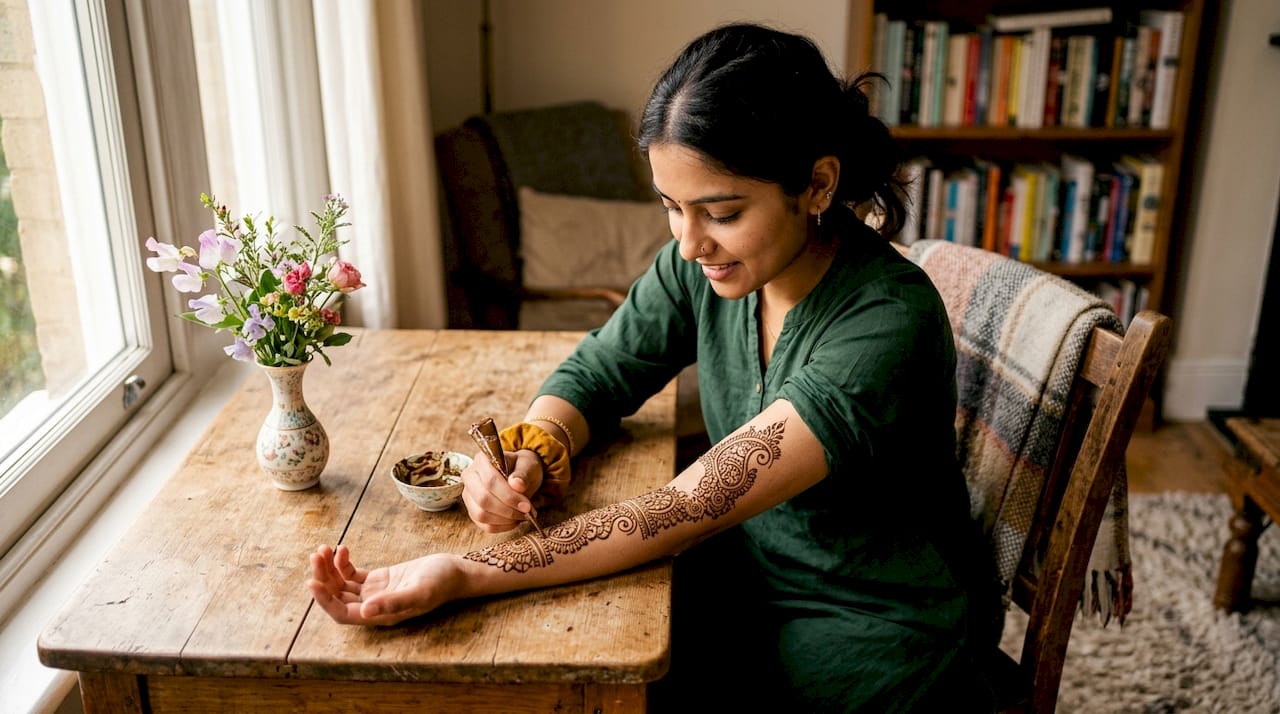 Woman applying henna paste on arm