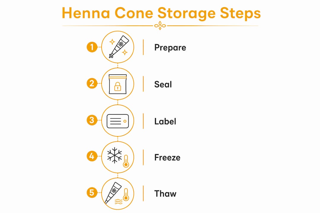 Infographic illustrating henna cone storage steps