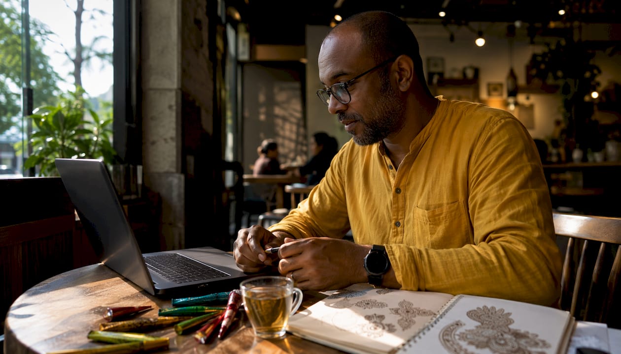 Man participating in live virtual henna class
