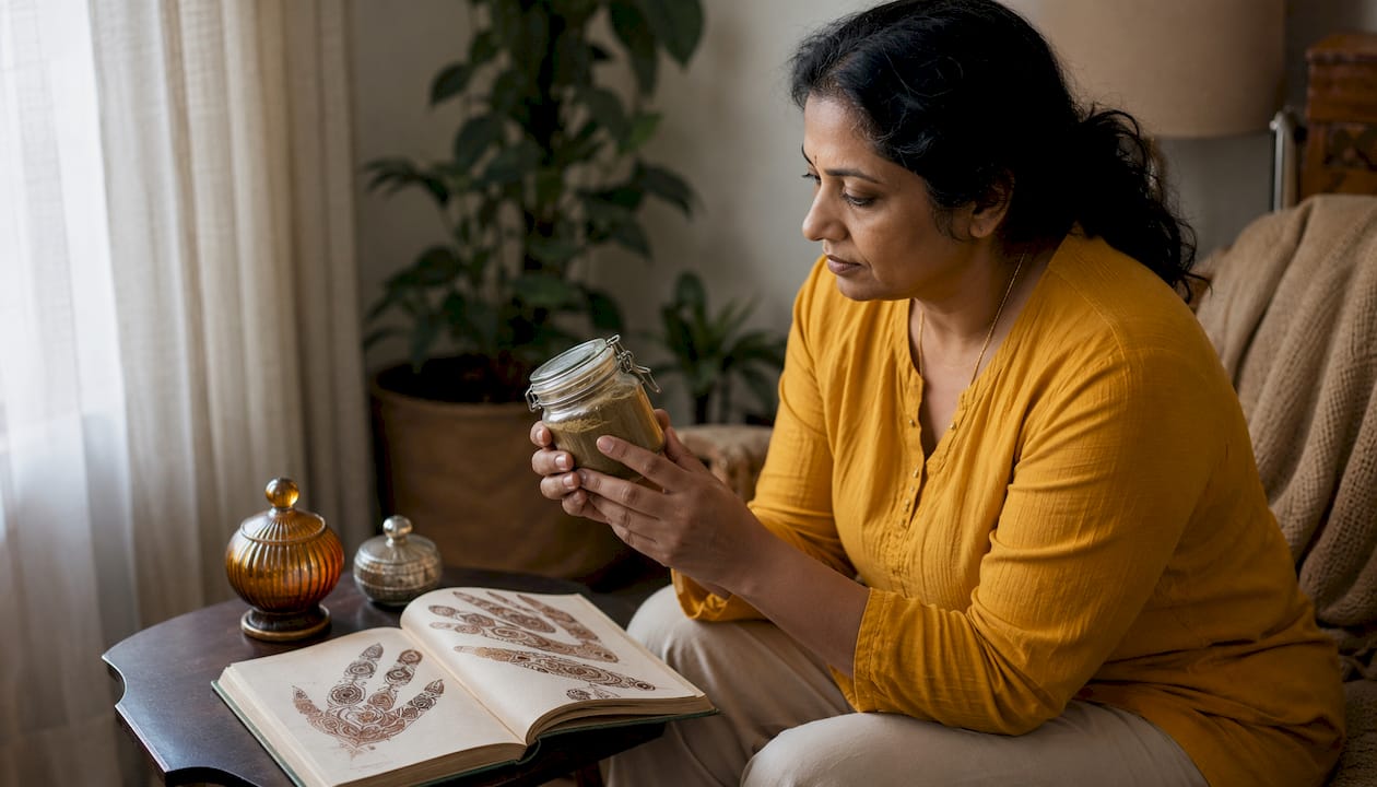 Woman checking henna powder jar in kitchen