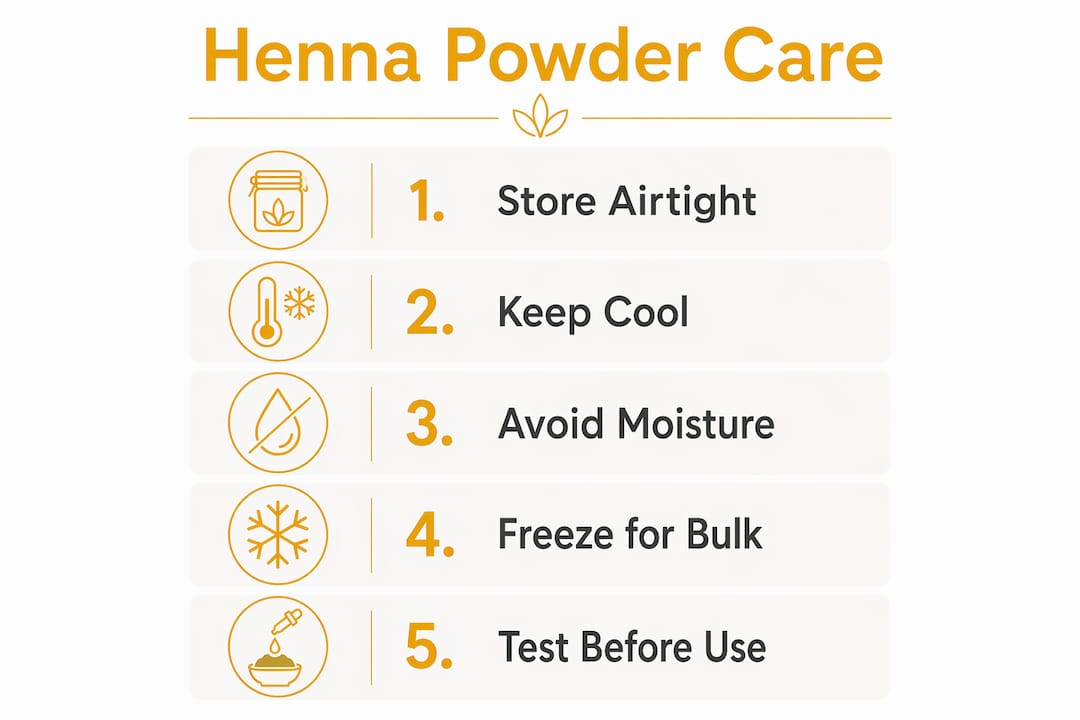 Infographic showing henna powder storage steps