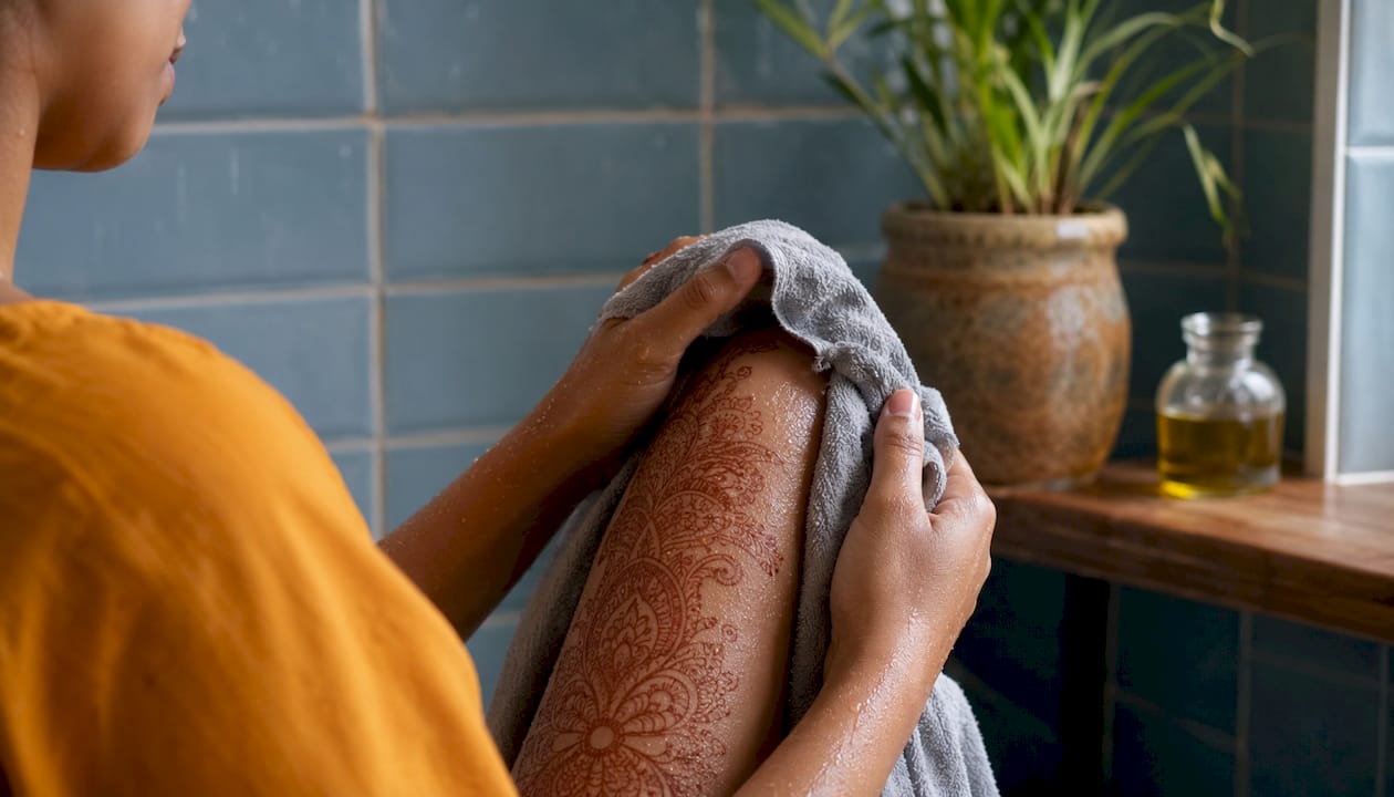 Hands gently drying skin after shower