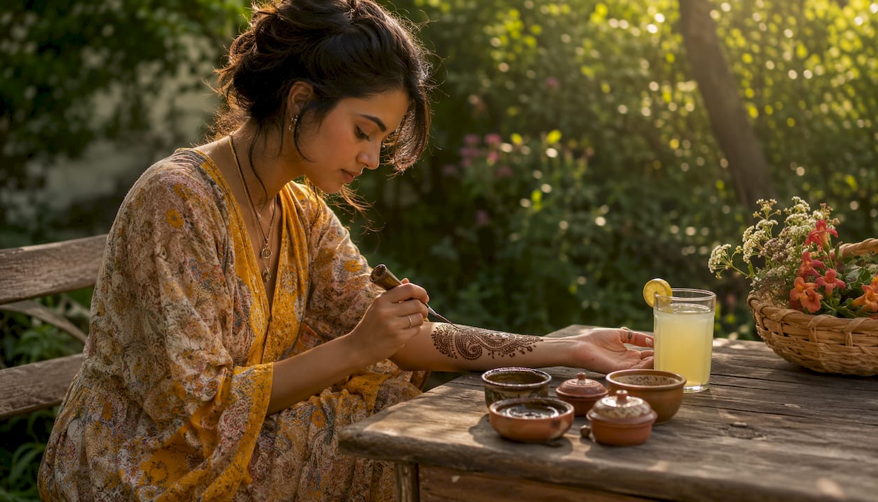 Woman applying henna on forearm