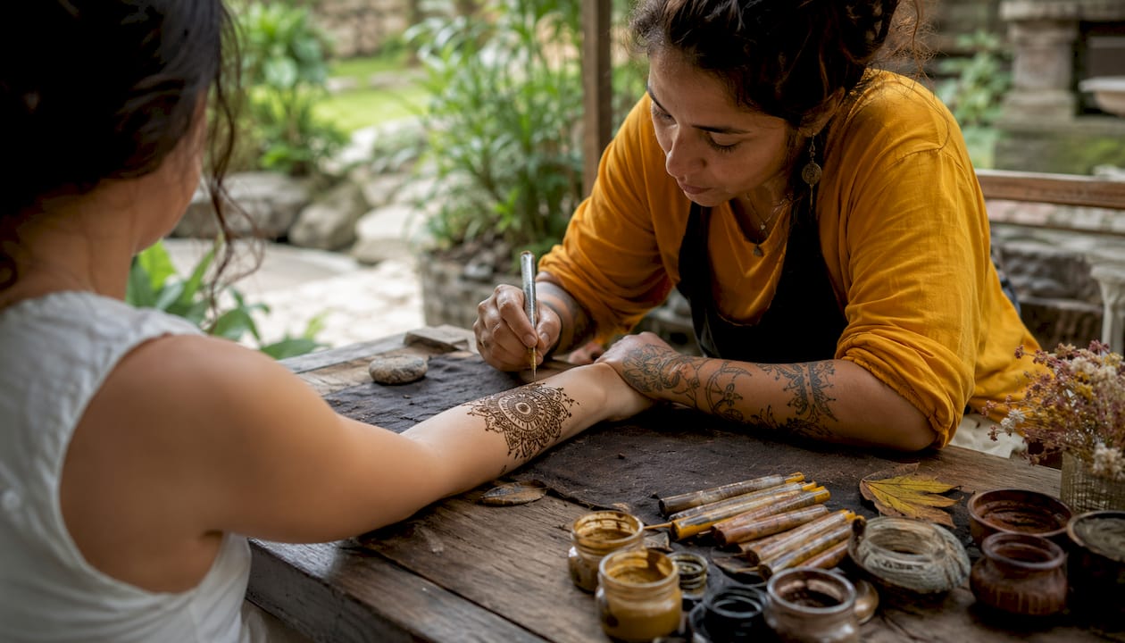 Close-up of henna artist drawing floral pattern