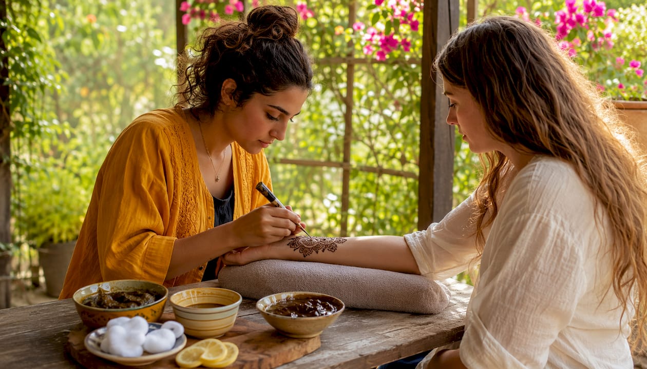 Close-up of hands applying natural henna paste