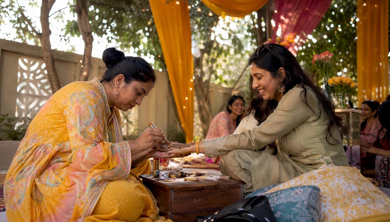 Henna artist applying mehndi design on hand