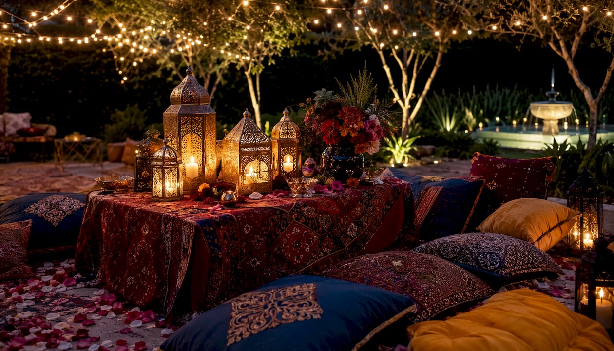 Moroccan gold lanterns and jewel-toned fabrics