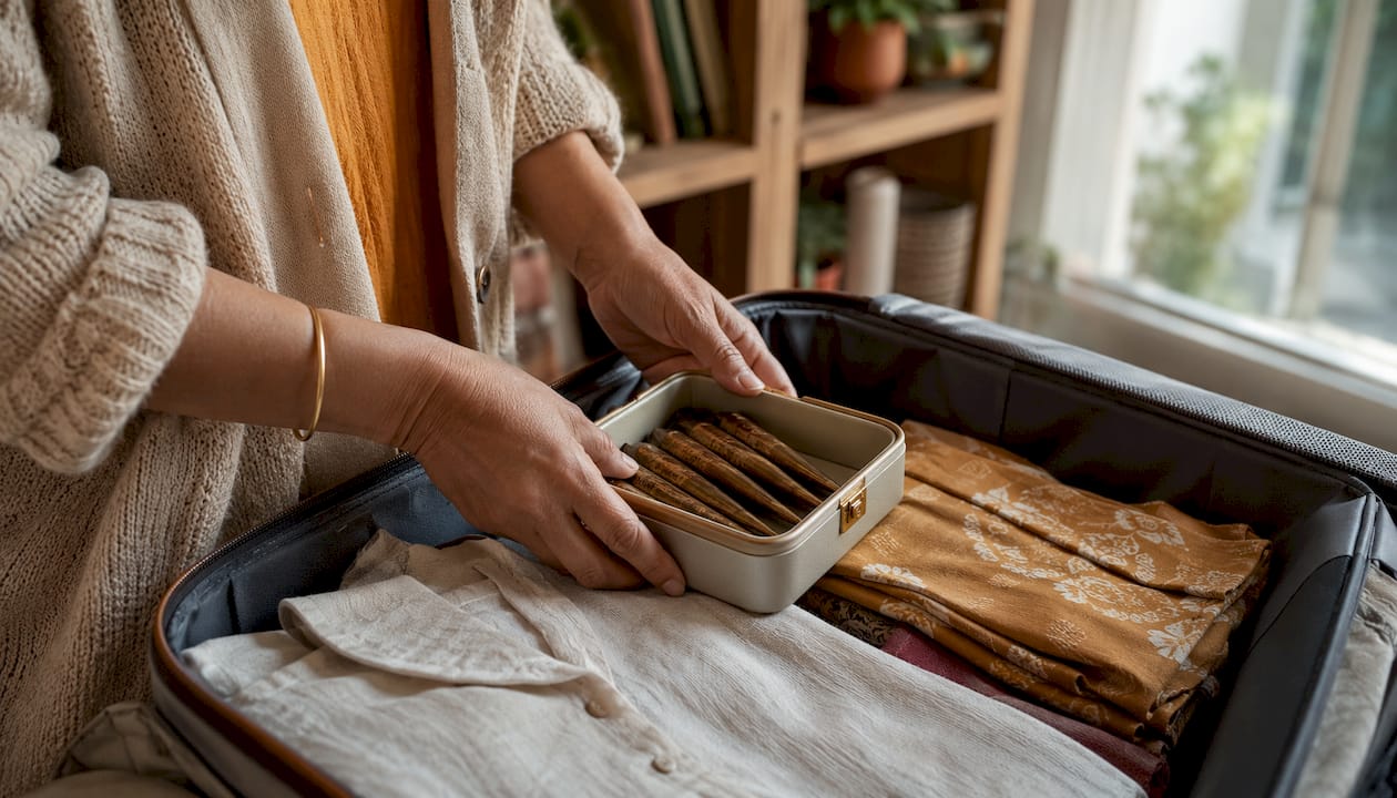Close-up of hands packing henna cones in suitcase