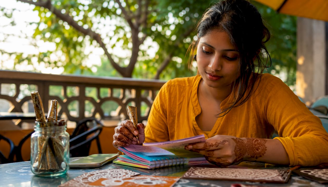 Woman planning henna business at table