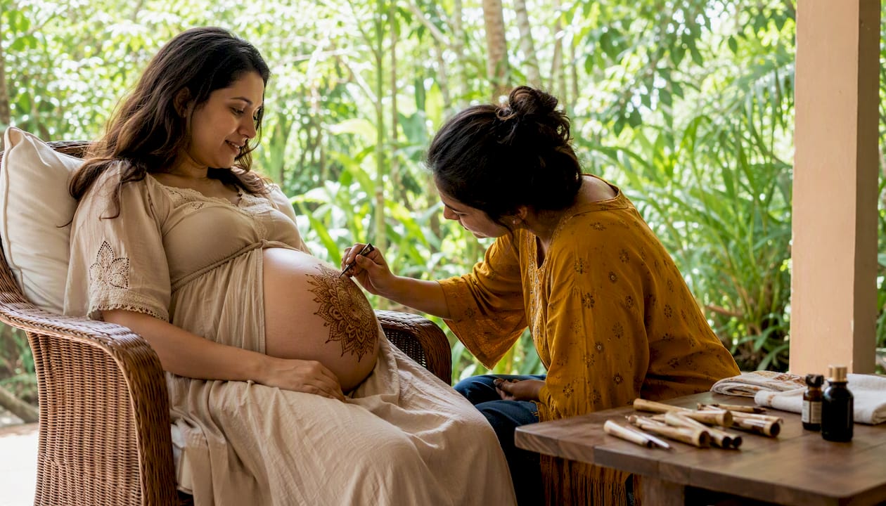 Pregnant woman receiving belly henna application