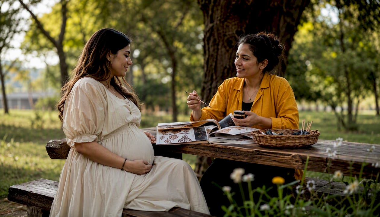 Pregnancy henna artist consulting client in Seattle café