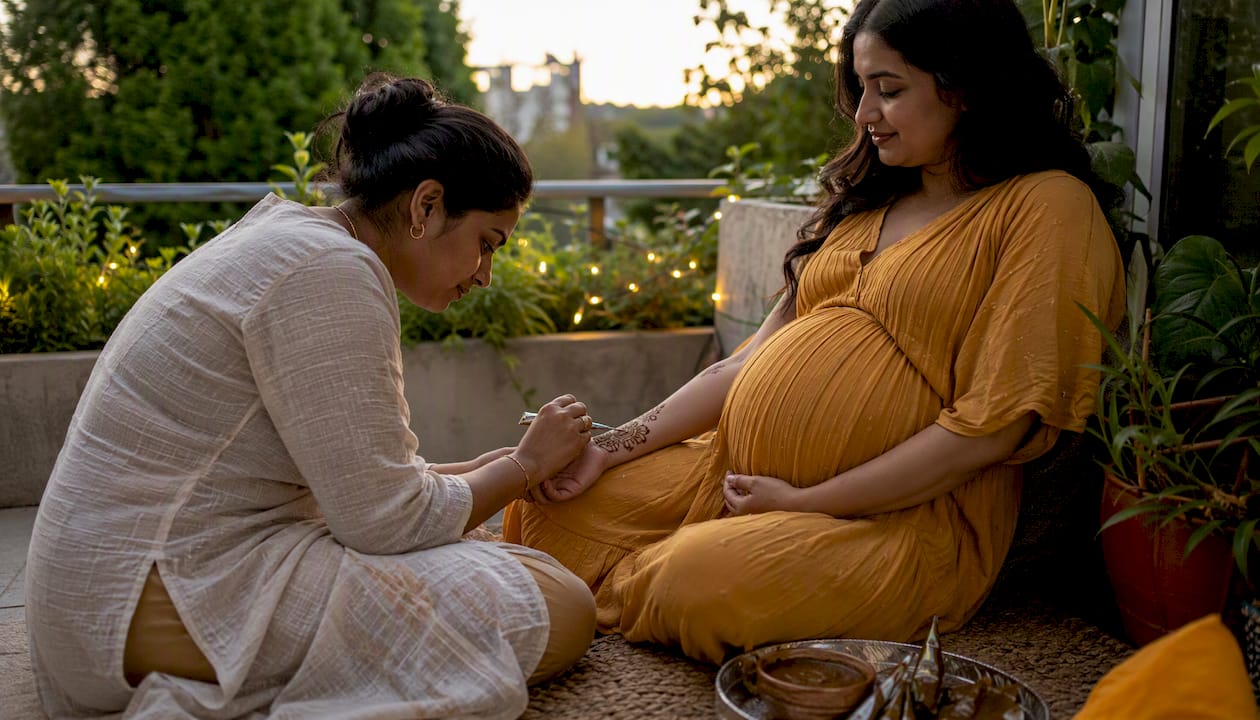 Pregnant woman receiving henna application in natural light