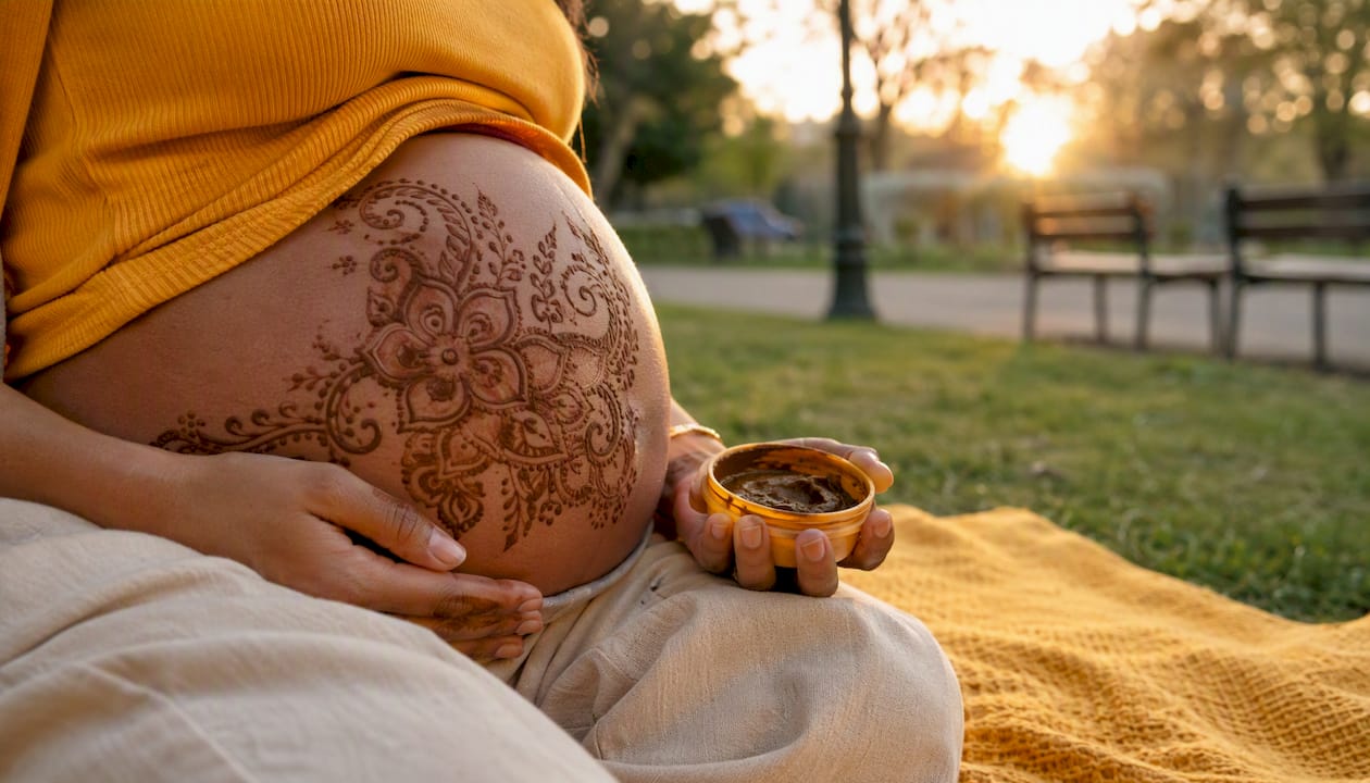 Close-up of pregnancy henna on belly outdoors