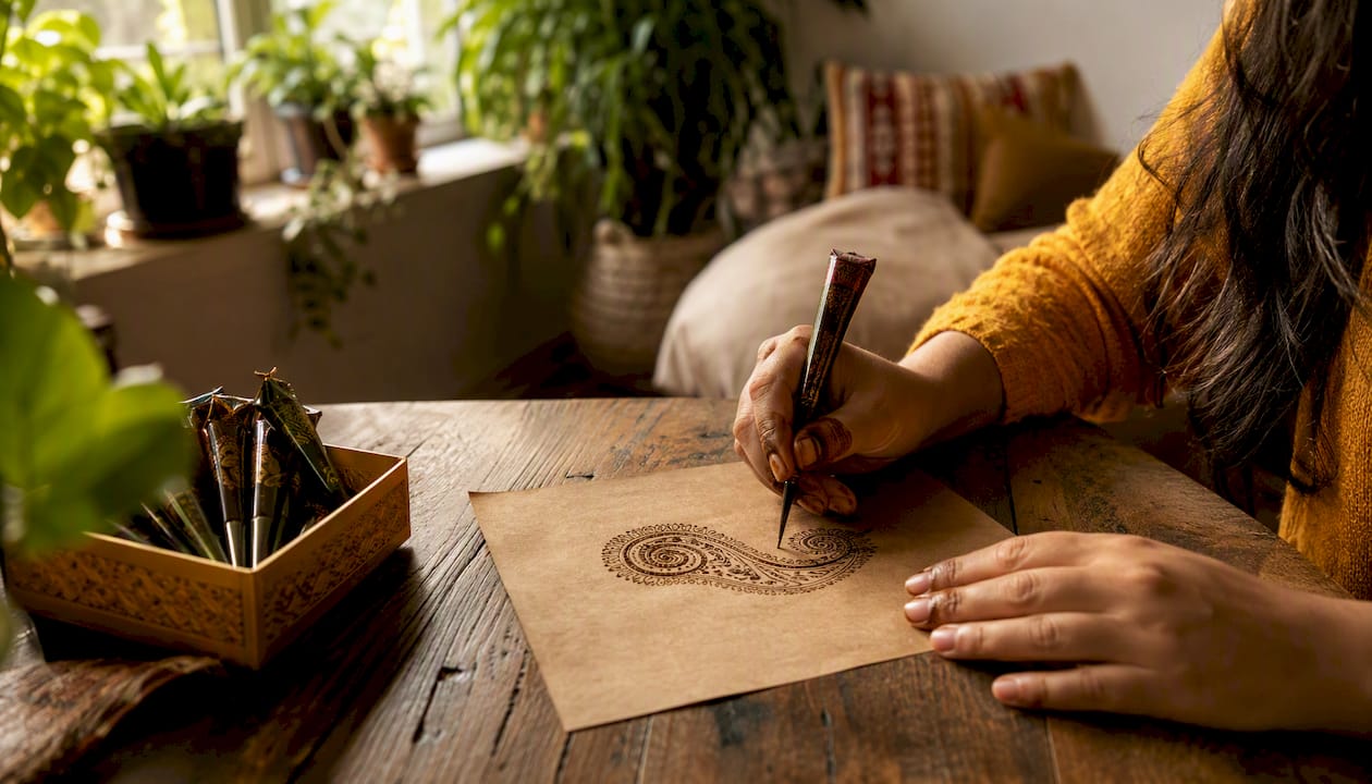 Overhead view hands drawing paisley henna design