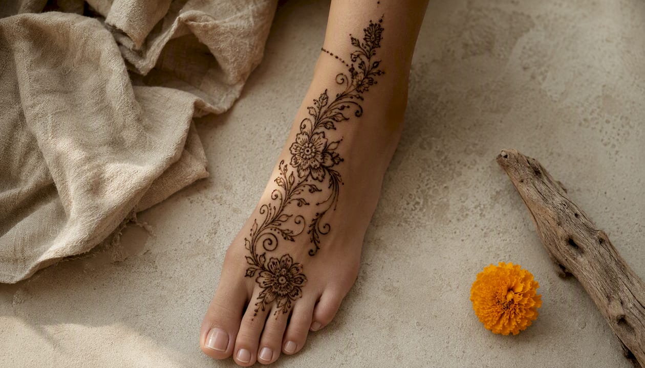 Top-down foot with Arabic henna design