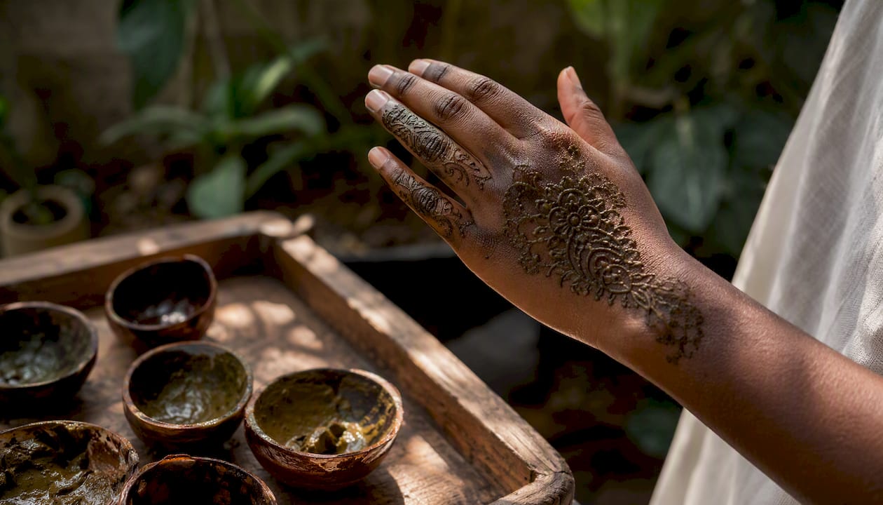 Hand with henna stain developing on dark skin
