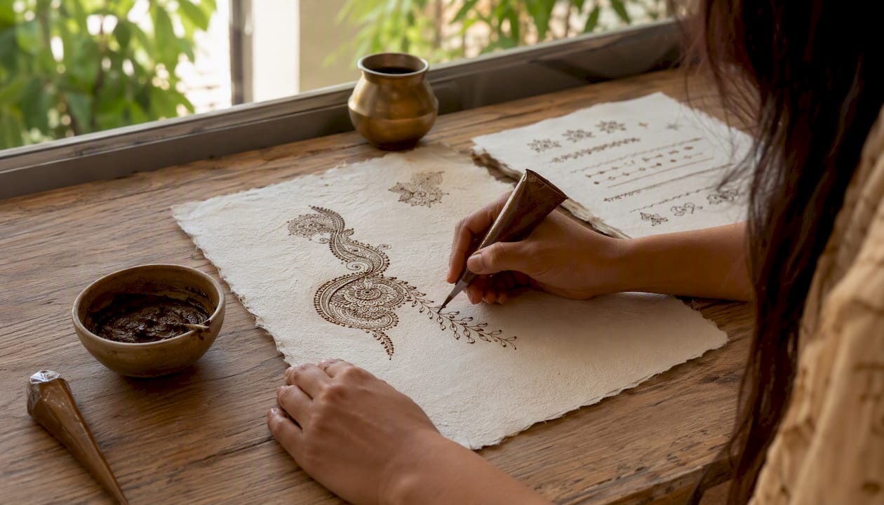 Hands tracing and freehand henna designs on practice sheets