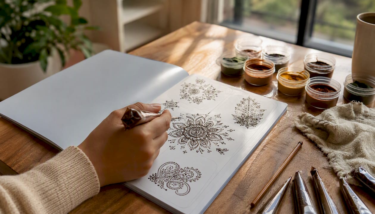 Applying henna paste on reusable wipe-clean practice book page