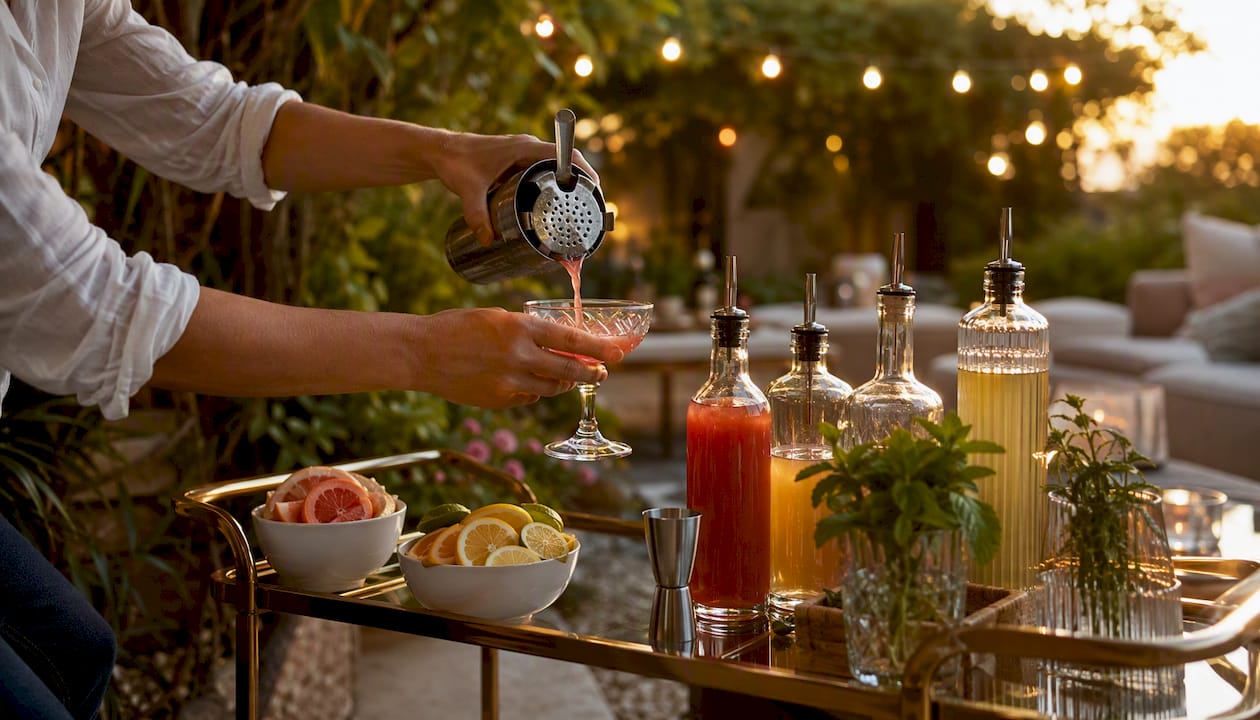 Hands pouring cocktail at corporate bar cart social