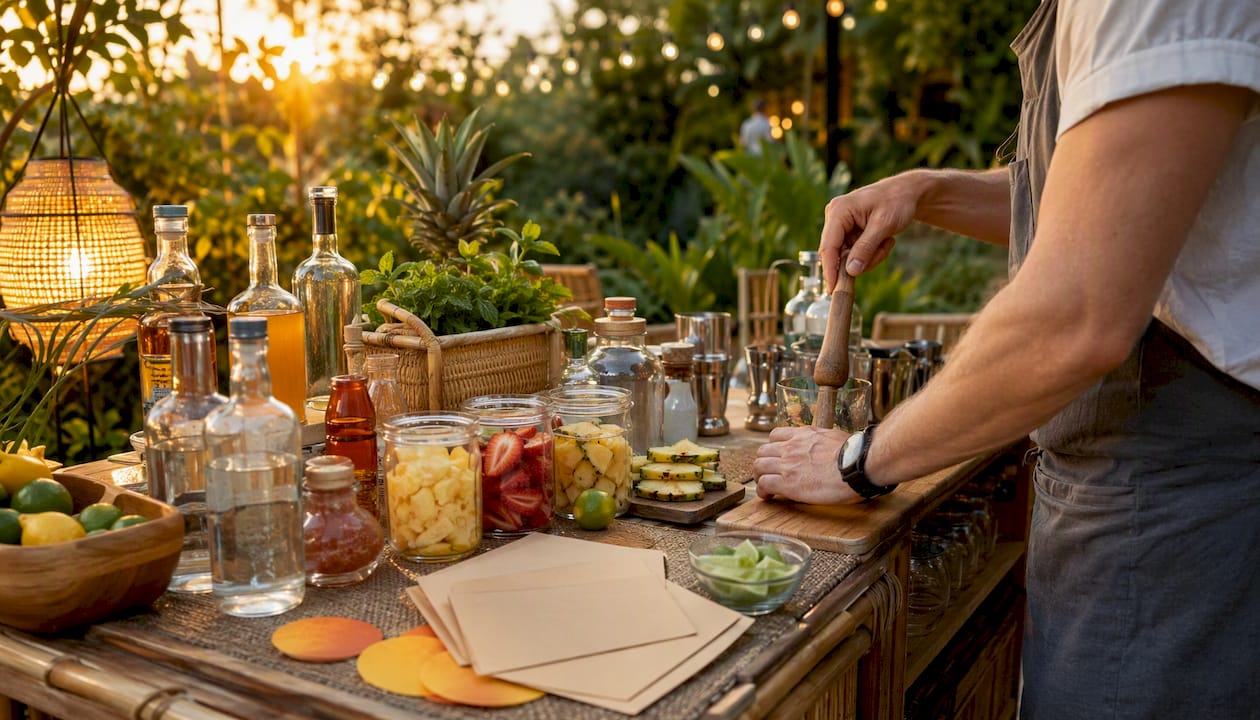 Themed cocktail bar cart with mixing shaker