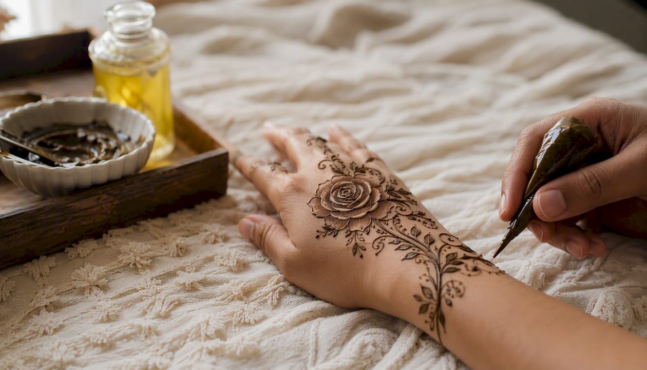 Hand with fresh floral henna design