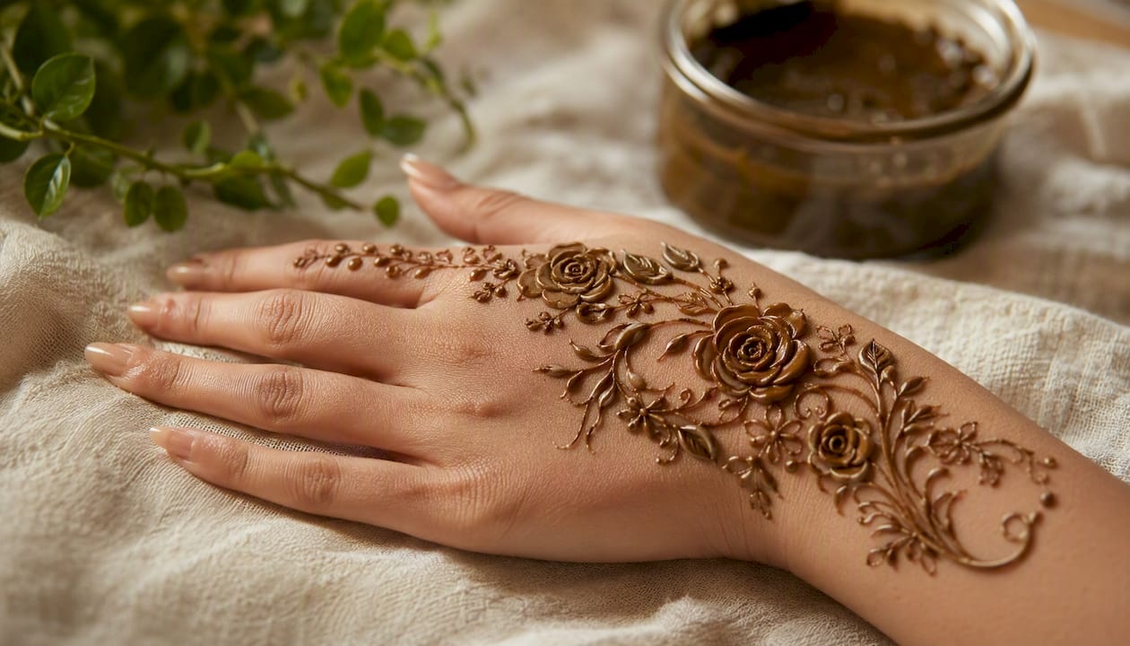 Backhand with bridal rose cascade henna