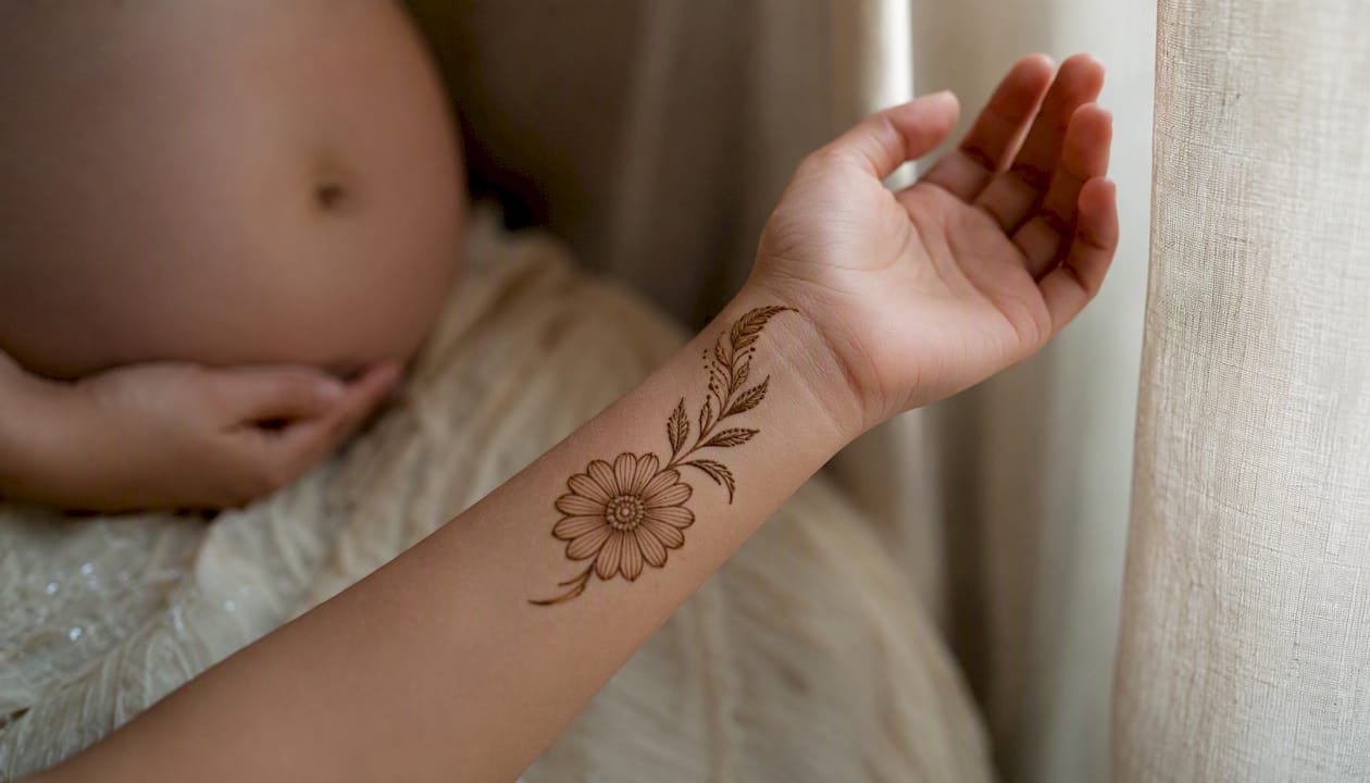 Inner wrist with minimal floral henna and pregnancy hint