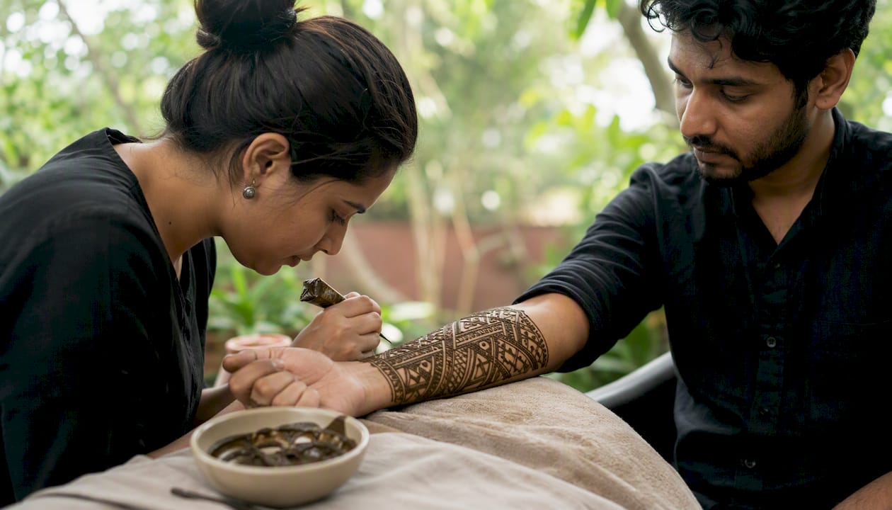Applying bold male henna forearm design