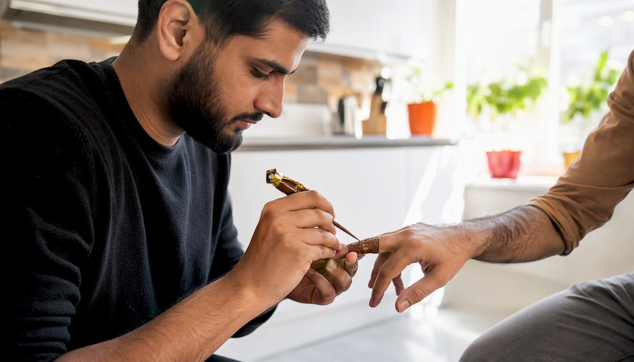 Applying henna finger band pattern on male hand
