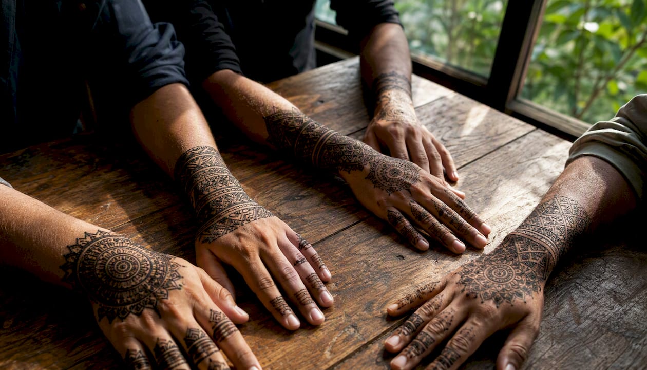 Male hands showing bold henna patterns
