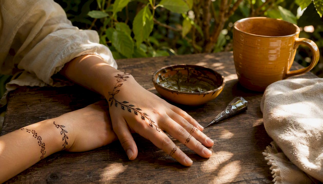 Hands with minimalist henna designs drying in natural light