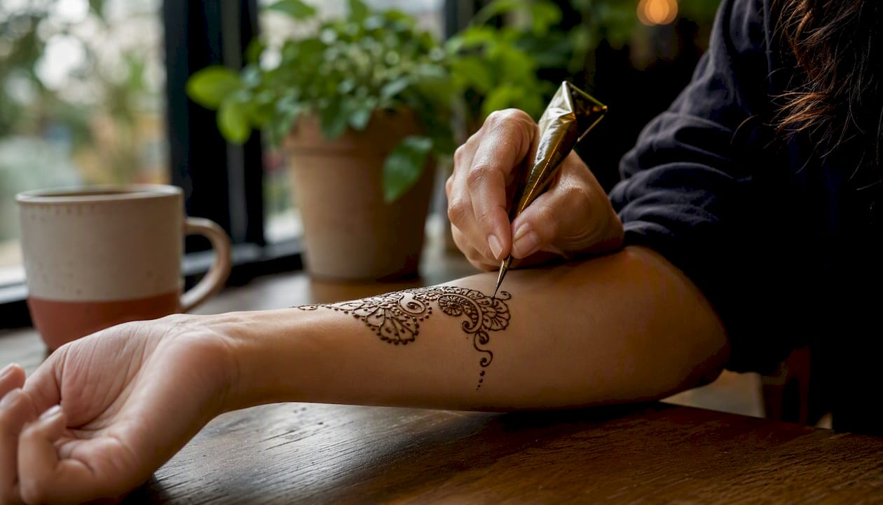 Hands applying minimalist henna paisley motif