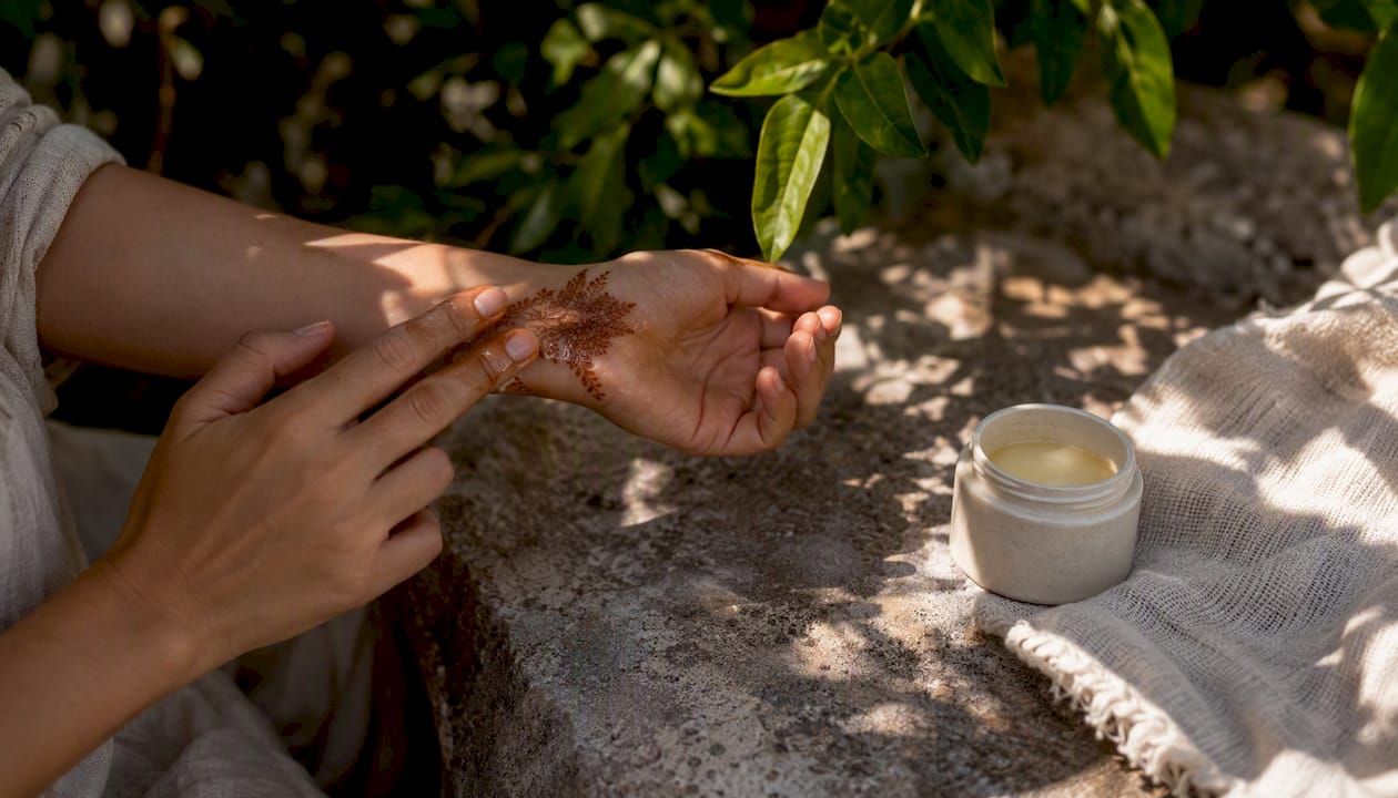 Hands applying coconut oil over henna stain
