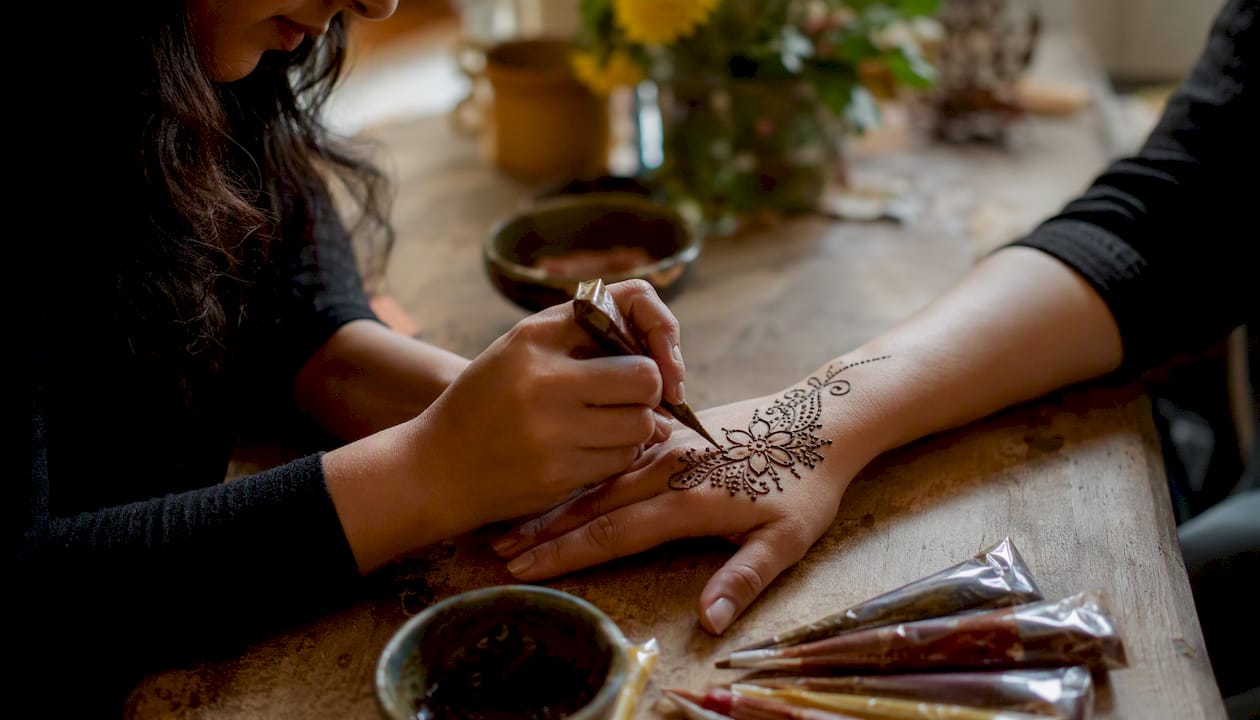 Henna artist drawing floral pattern on hand