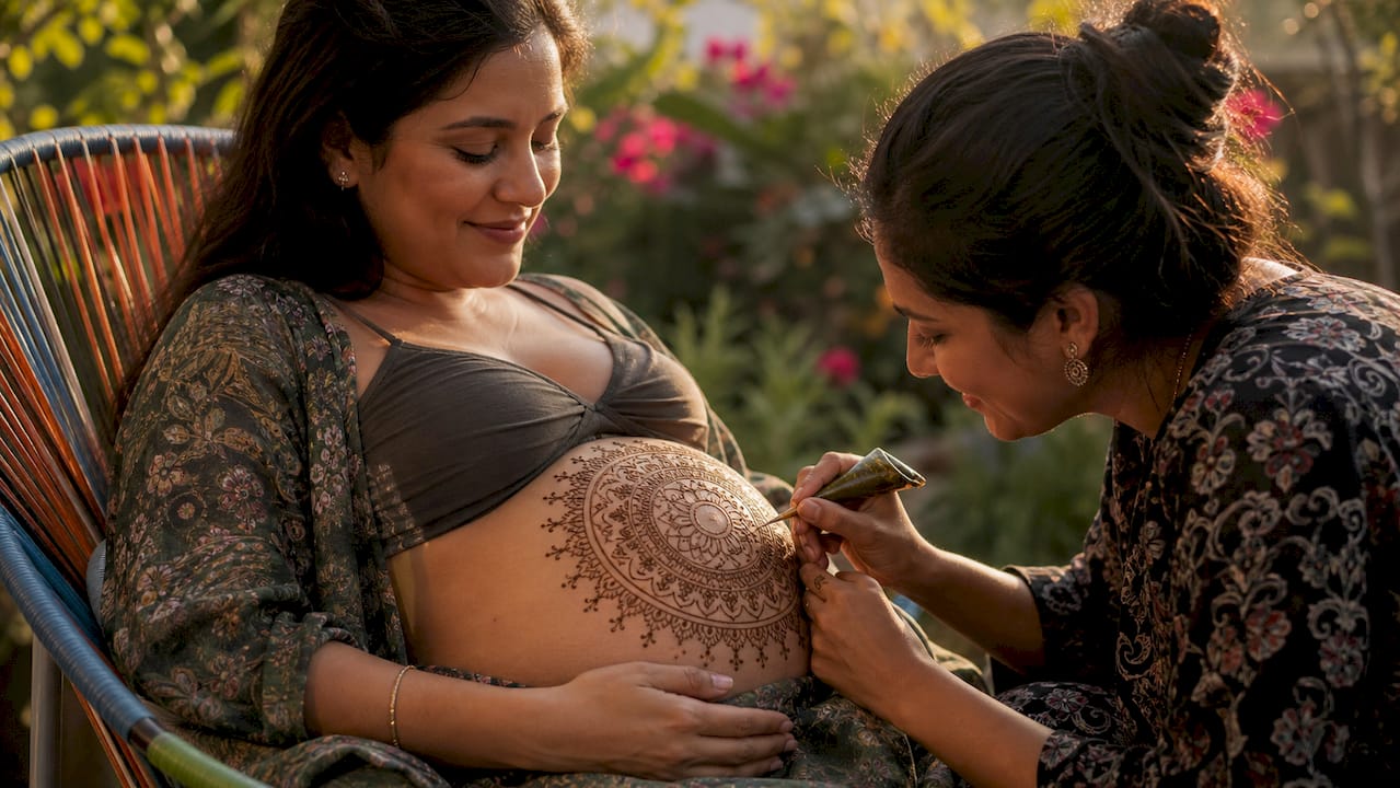 Pregnant belly henna application in natural light
