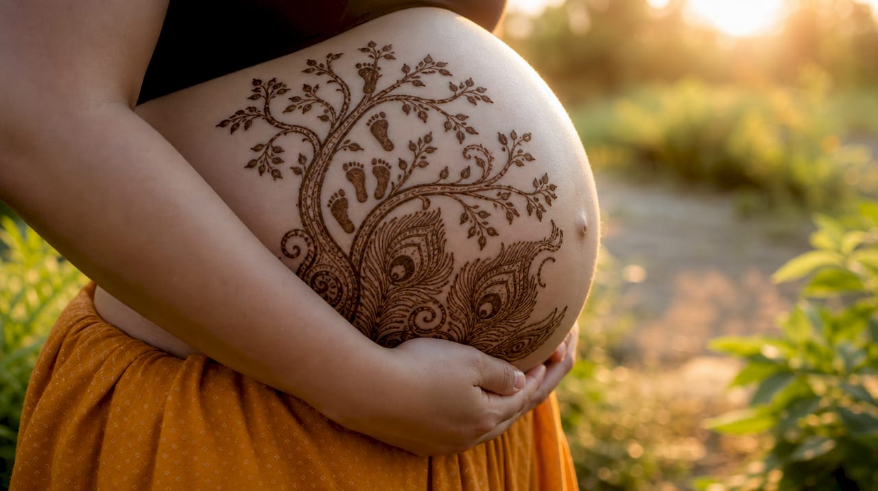 Peacock and family tree henna belly motifs