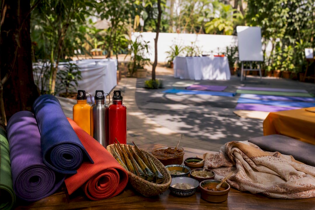 Workspace set up for employee wellness day activities