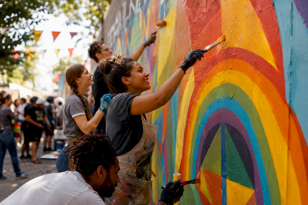 Hands painting community pride mural